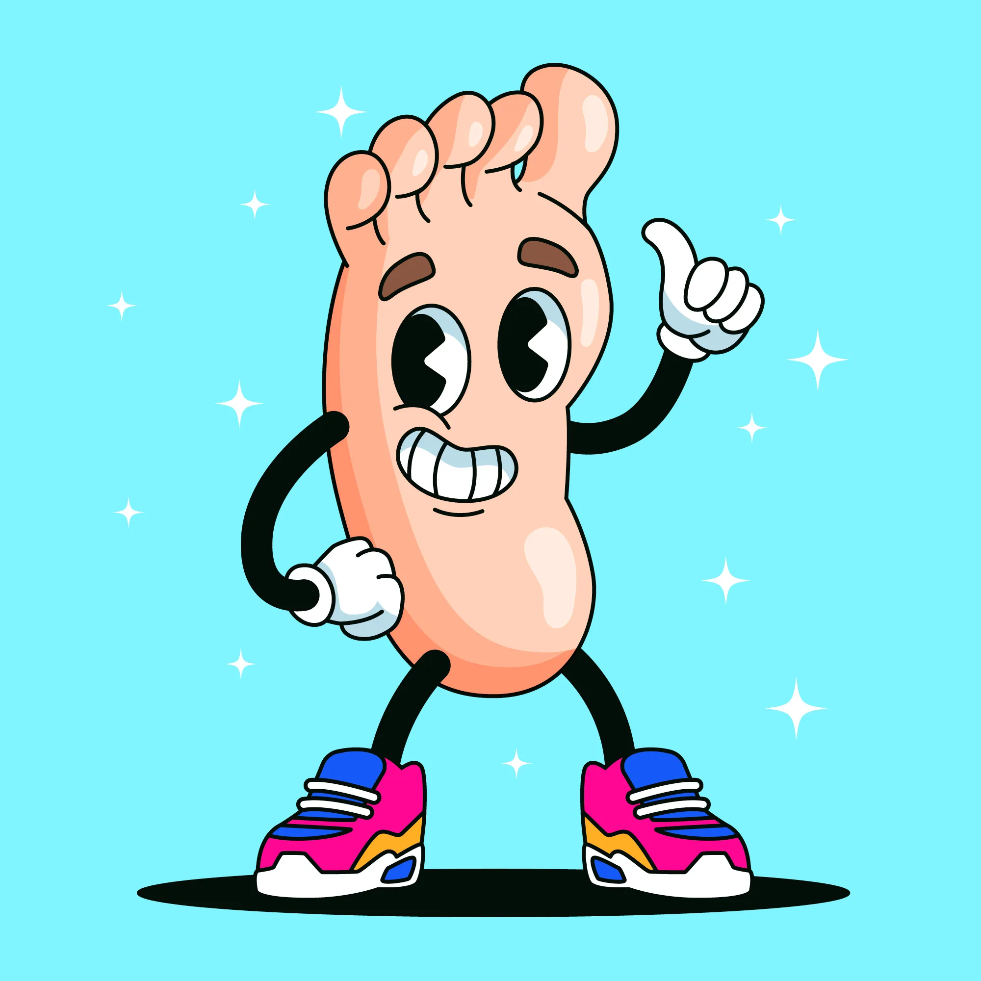 Illustration d'un pied anthropomorphique souriant avec des baskets.