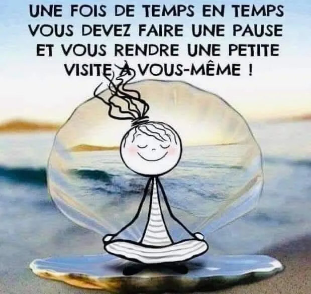 Illustration humoristique avec un personnage méditant dans une bulle et un texte motivant.