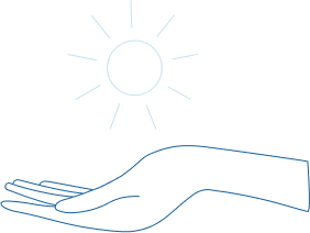 Illustration minimaliste d'une main ouverte avec un soleil au-dessus.